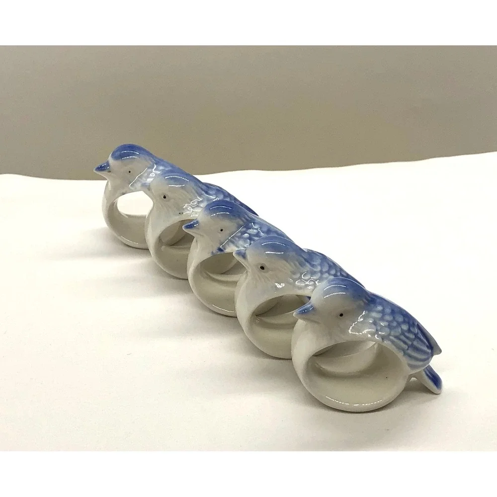 Vintage Bluebird Porcelain Napkin Rings Figurines Set of 5 Made in Taiwan